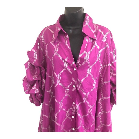 Pink & silver metallic puffy sleeve button down regal hi low dress size 1X new - Picture 4 of 17